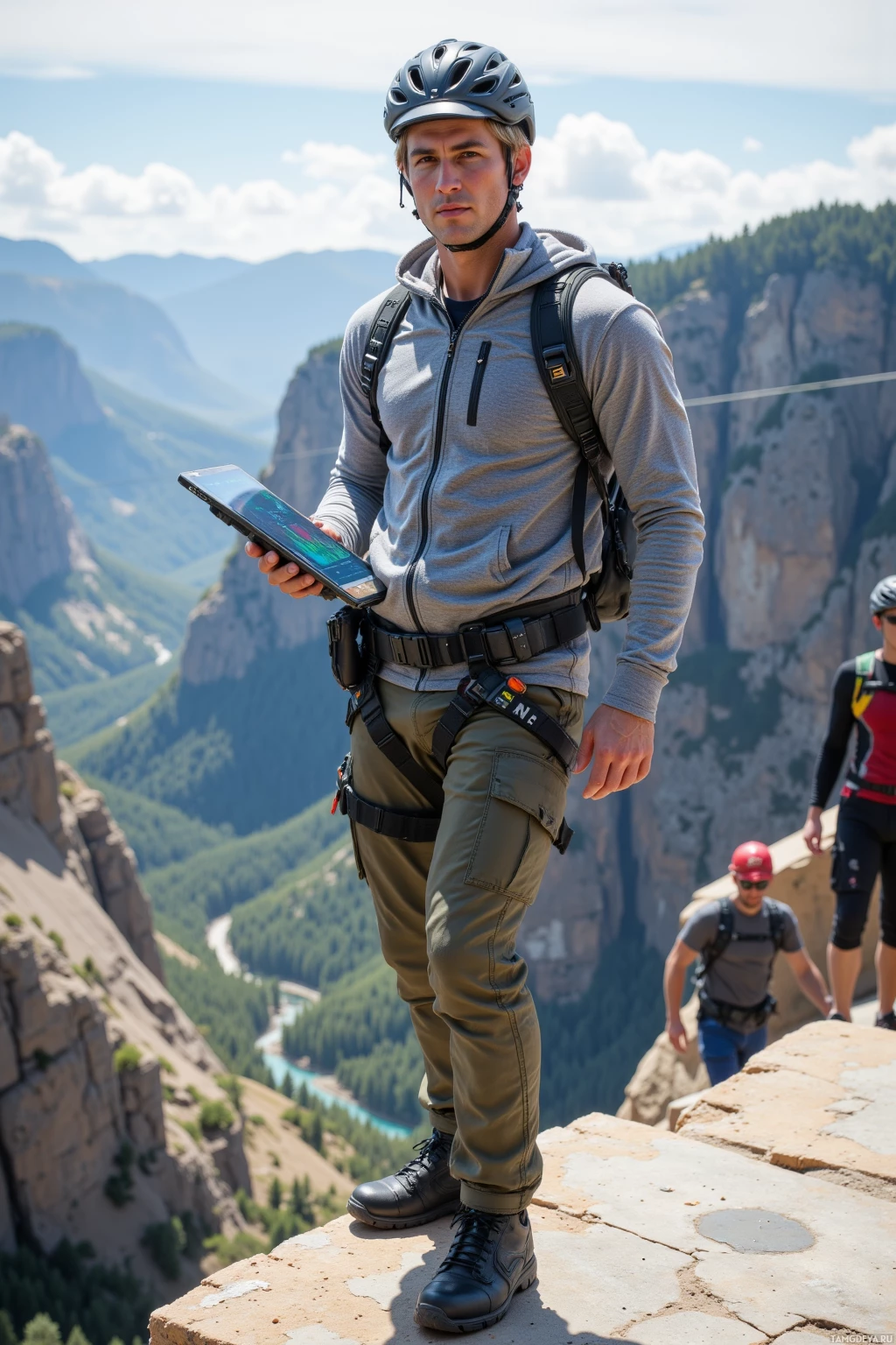 Realistic high quality photo. Male, 28, short blonde hair, brown eyes, wearing a gray zip‑up jacket over cargo pants and a sports helmet, standing on the edge of a concrete line‑jump platform overlooking a steep drop into a valley, holding a digital tablet displaying G‑force data, his left calf visibly bruised, with crew members in athletic gear nearby under bright midday sky.