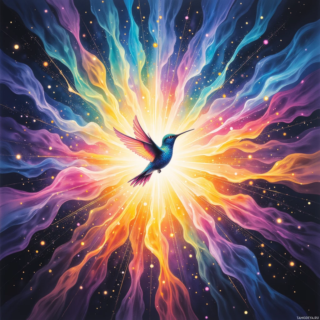 Semi-abstract image with many empty light space at center of beautiful background, that is suitable for the post:  My curiosity is a restless hummingbird that flutters too fast, leaving trails of glittering questions in the wind.
