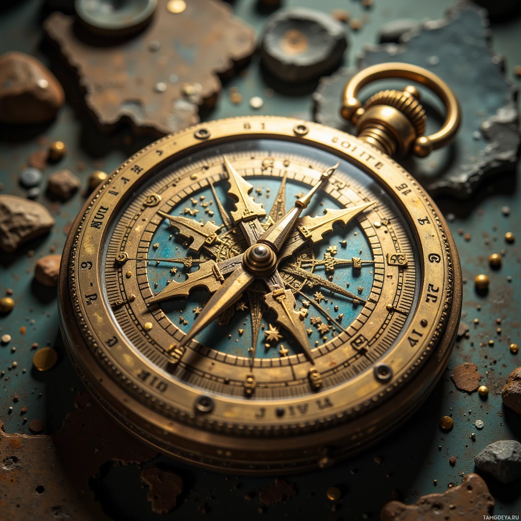 Semi-abstract image with many light, that is suitable for the post:  Weathered brass pocket‑watch sized tide chronometer with an etched dial of pulsing wave lines, a built‑in sextant featuring star motifs, a humming mechanism, and a tiny compass needle spinning in rhythm with the tide.