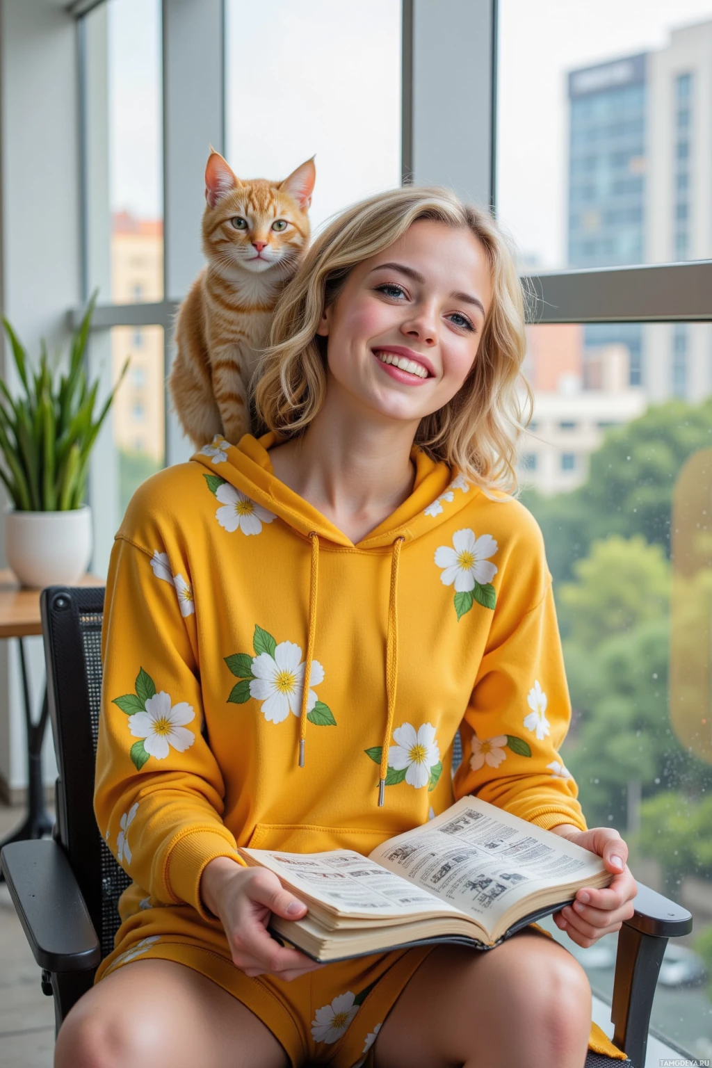 Realistic high quality photo. A 26‑year‑old woman with curly blonde hair, bright blue eyes and porcelain skin, wearing a vibrant yellow sundress with white flowers and comfortable sneakers, laughing loudly on a modern office balcony in the afternoon, holding a stack of old comic strips, a stray cat perched on her hoodie like a throne, a smartphone buzzing on a nearby table, with warm light illuminating the scene.