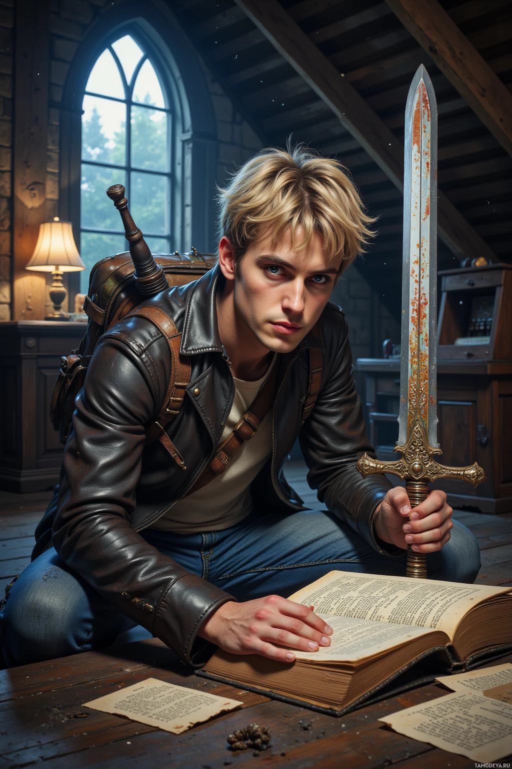 Realistic high quality photo. Light‑skinned man, 29, messy blonde hair, bright blue eyes, in a worn fantasy leather jacket over a faded band tee, jeans in scuffed brown boots, carrying a large battered foam sword, hunched over an ancient D&D manual in a dim attic lit by a reading lamp, moonlight filtering through a dusty window casting motes of dust.
