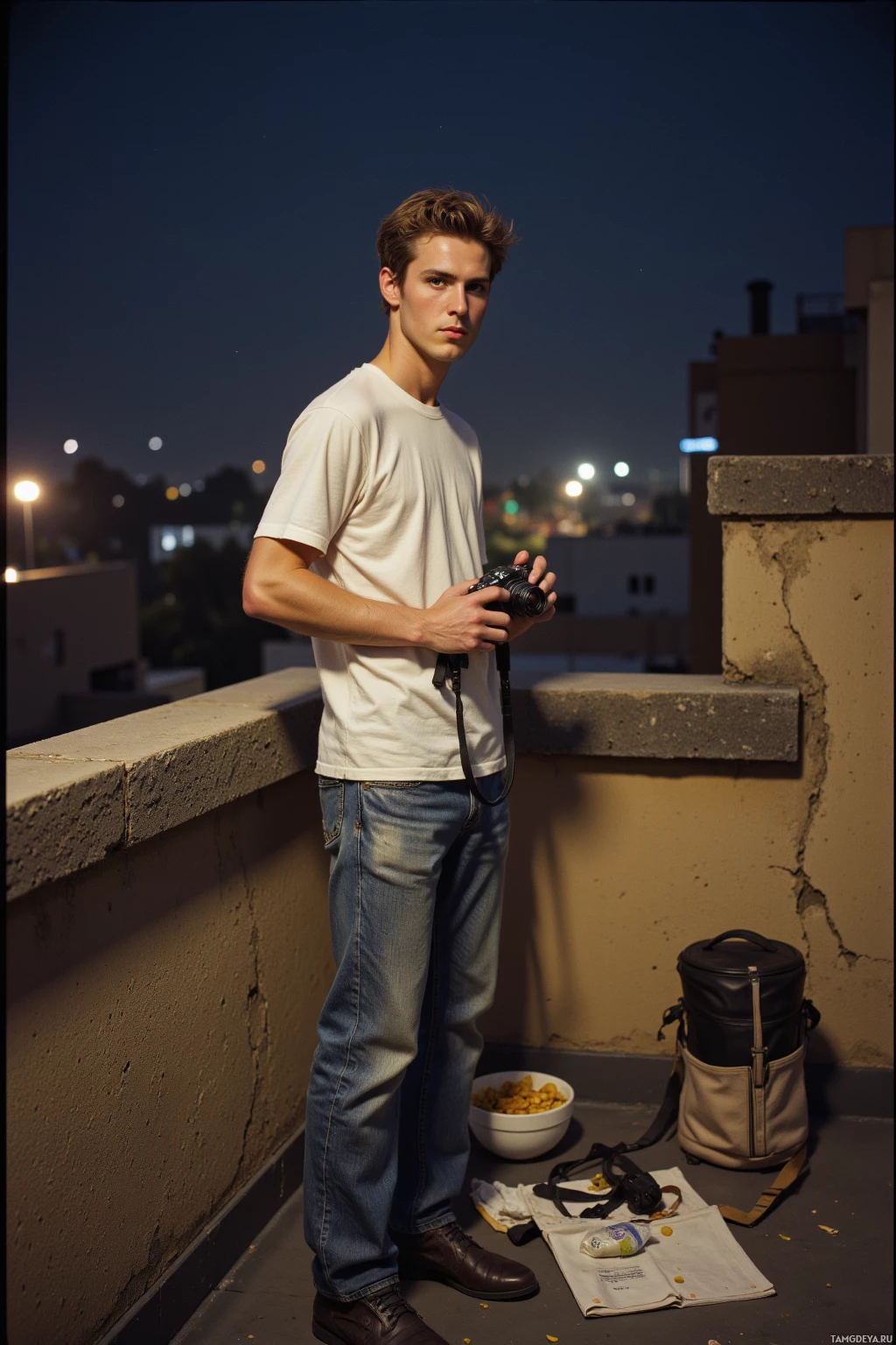 Realistic high quality photo. A young man, 27, with light brown hair and green eyes, wearing a white t‑shirt and faded jeans, stands on the cracked concrete scaffold of a beige block rooftop at 2 am, holding an old film camera while resting a disorganized bag with film spares and half‑eaten snack beside him as dim street lamps illuminate the nearby alley.