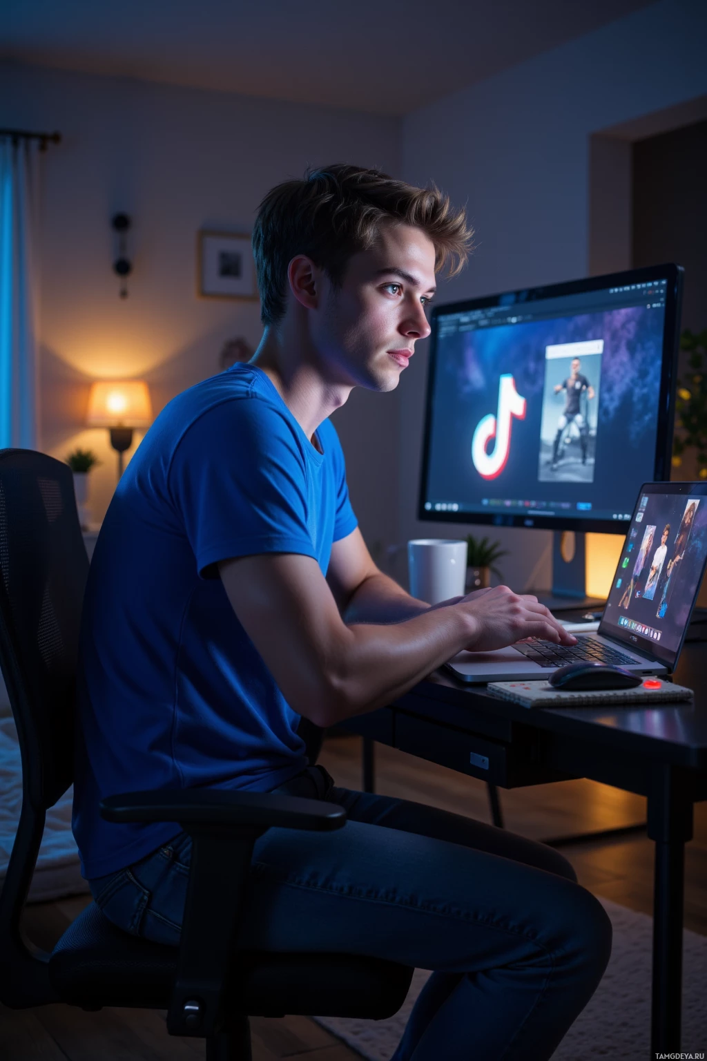 Realistic high quality photo. Man, 21, messy light brown hair, bright blue eyes, pale skin, wearing a bold blue t-shirt and casual jeans, sits at a modern desk in a dim bedroom at dawn, staring at a flickering computer screen while drafting a TikTok dance meme, surrounded by a laptop, a notebook, a coffee mug, and subtle digital glow.