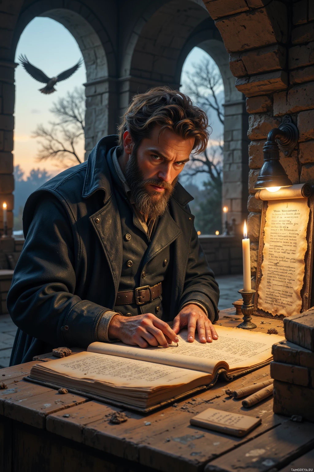 Realistic high quality photo. A rugged male archivist in his early forties with salt‑and‑pepper beard, messy brown hair, piercing blue eyes, tanned weathered skin, wearing a faded coat and well‑worn leather gloves, patiently traces the faded ink on an ancient parchment scroll inside stone‑walled archives at dusk while holding a weathered book in one hand and a lone hawk circles above the courtyard.