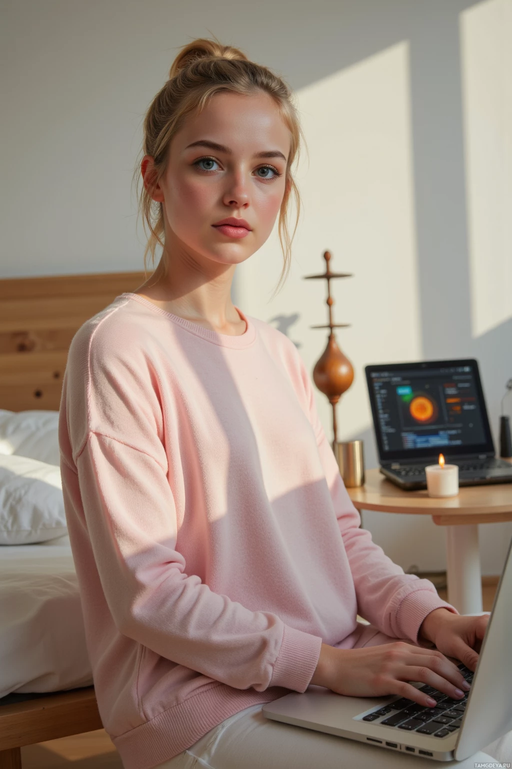 Realistic high quality photo. 32‑year‑old woman with long blonde hair in a loose bun, blue eyes, wearing a soft pastel pink sweater and pale leggings, seated on a wooden floor in a modern bedroom, bathed in full‑moon light streaming through the window, with an unscented candle and a wind chime on a bedside table, a neti pot nearby, and a laptop open displaying a spreadsheet with a glowing amber indicator.