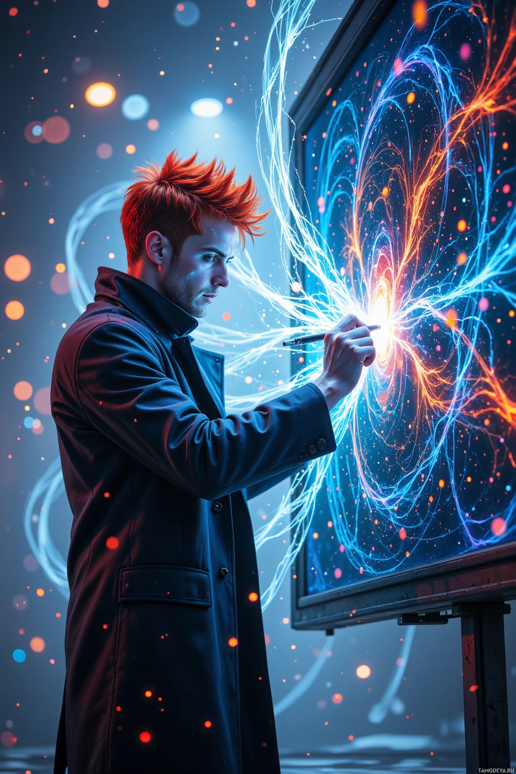 Realistic high quality photo. Male, 29, wild fiery‑red hair, circuitry‑patterned blue eyes, luminescent shifting skin draped in flowing light particles, wearing a dark reflective coat, standing amid swirling holographic data streams that scatter glitchy code like confetti while rapidly sketching a fractal billboard that bends light.