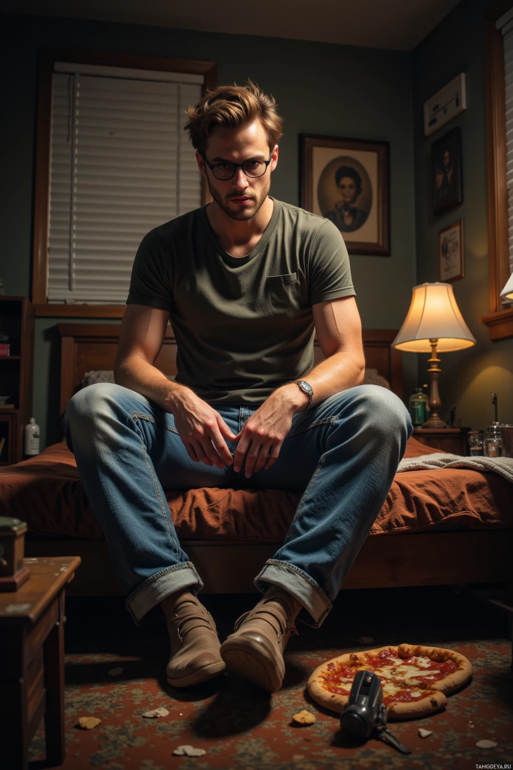 Realistic high quality photo. A 27‑year‑old man with tousled light brown hair, round glasses, wearing a T‑shirt and jeans, sits at midnight in a bedroom, cold pizza crumbs, lamp shade, stapler, old key, and a gas mask transformed into quirky sidekicks under dim warm lighting.