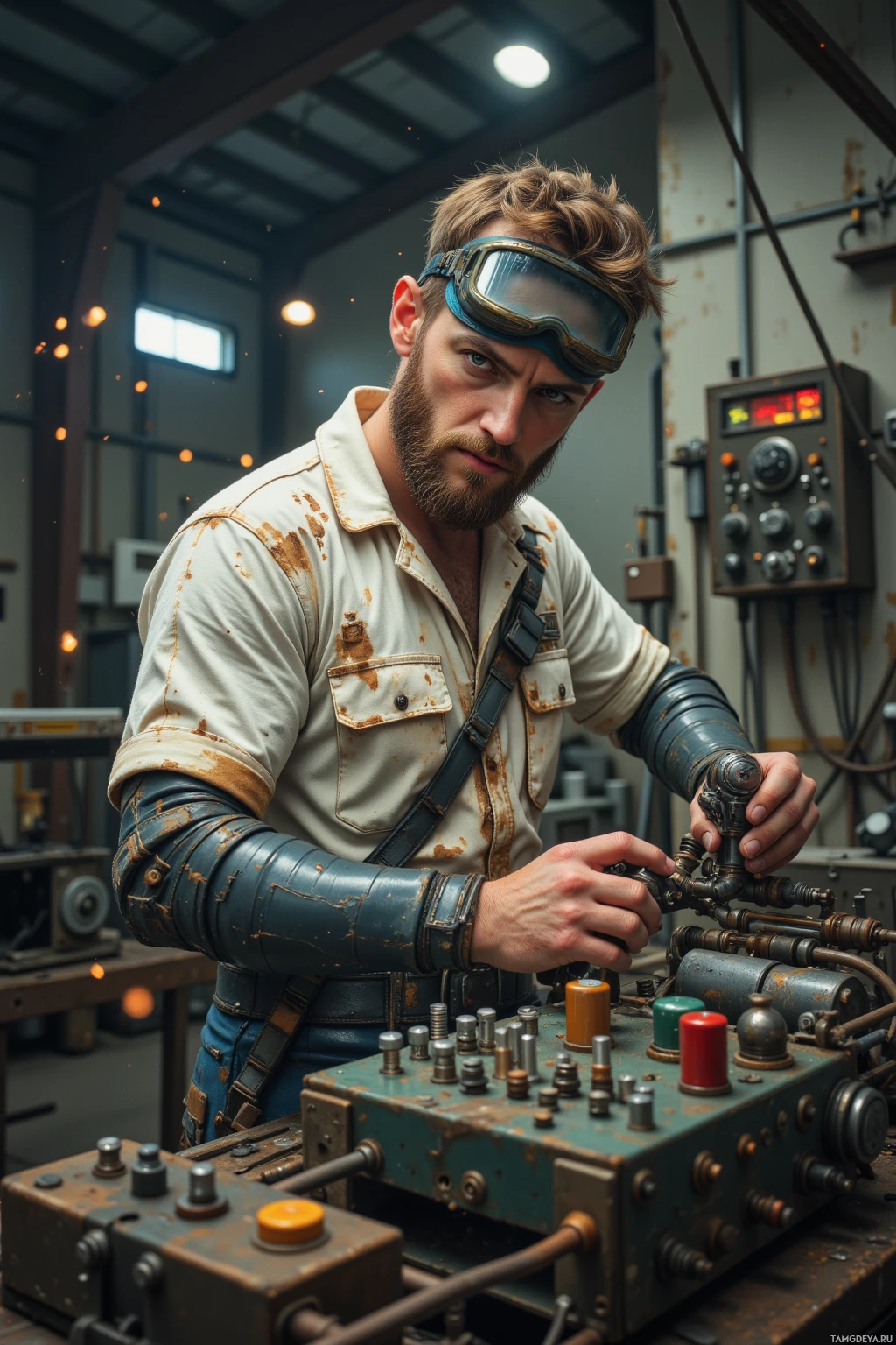 Realistic high quality photo. Male fixer with short light brown hair, pale skin, piercing green eyes and thick beard, wearing a stained white jumpsuit patched with tape and pins, welding goggles on forehead, mechanical arm at shoulder, tightening bolts among burnt‑out capacitors in a dimly lit hangar lined with exposed metal walls, sparks flying from clanging tools and gears whirring in the background.