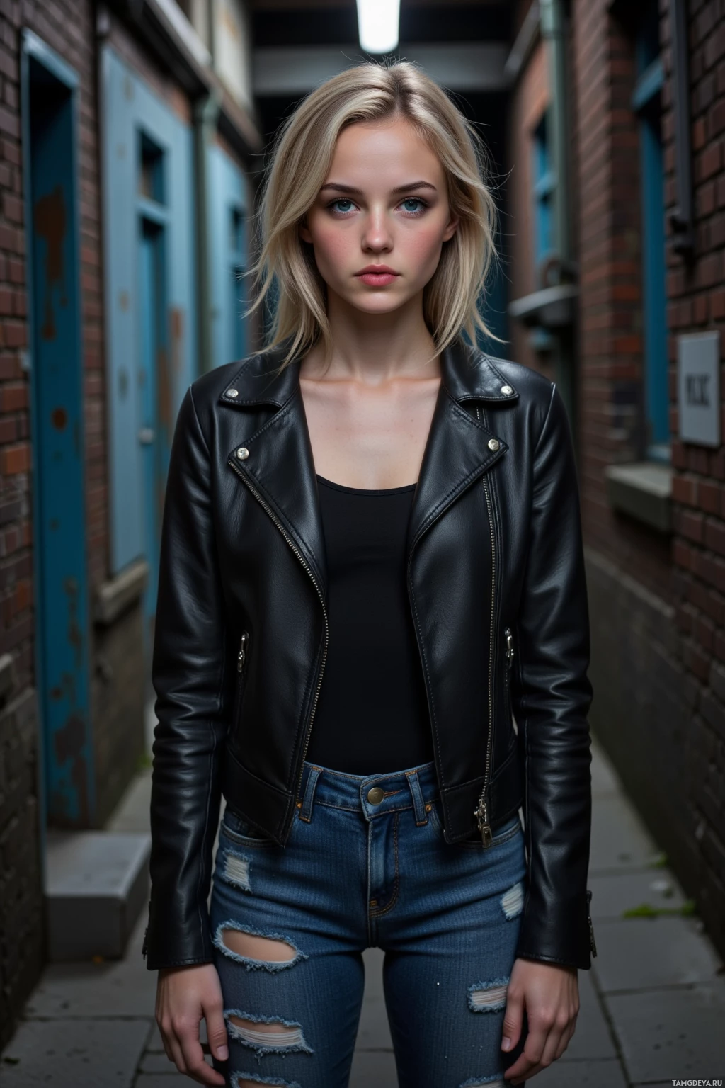 Realistic high quality photo. A 25‑year‑old blonde woman with messy hair and striking blue eyes, wearing a black leather jacket, ripped jeans, and combat boots, a narrow nighttime alley with old metal walls.