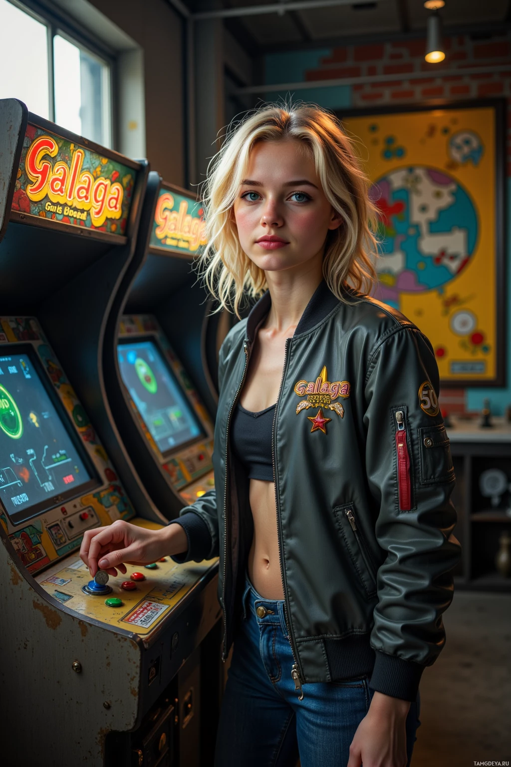Человек стоит перед игровым автоматом Galaga, одетый в куртку-бомбер и джинсы.
