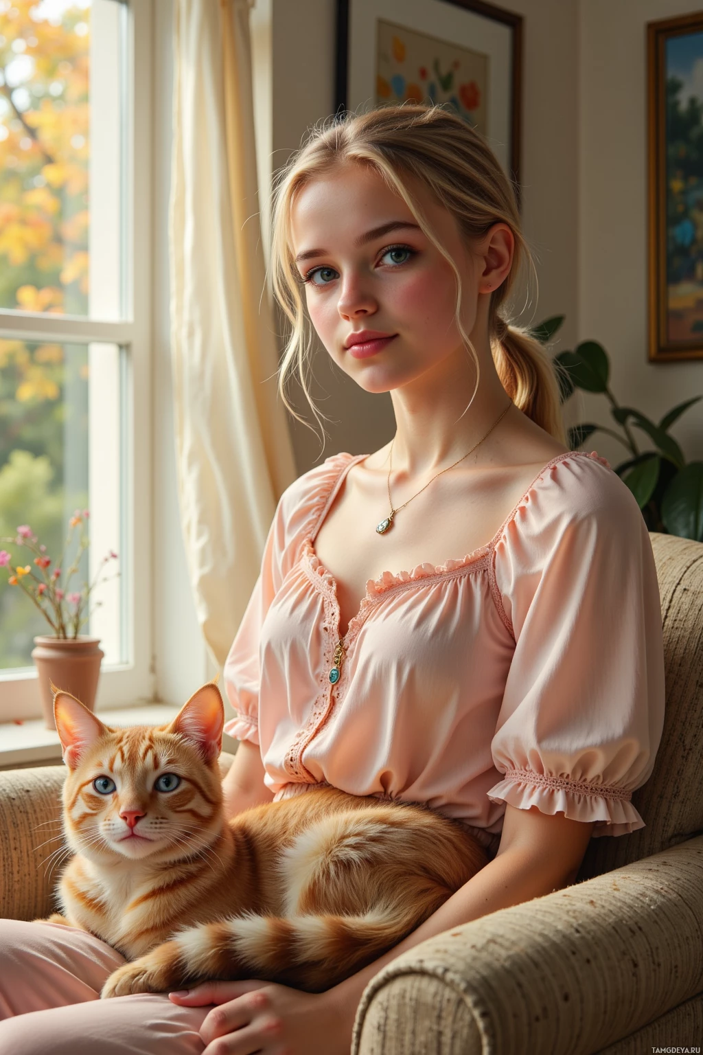 Молодая женщина в розовой блузке сидит на диване с рыжим котом.
