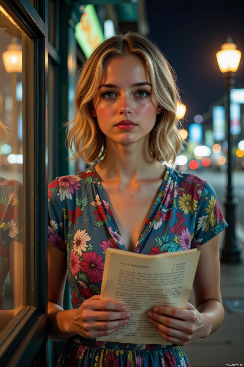 Женщина в цветочном платье стоит у окна, держа в руках раскрытую книгу.