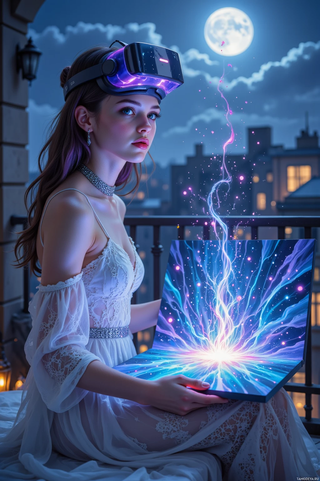 Женщина в VR-шлеме держит светящуюся, космическую панель.