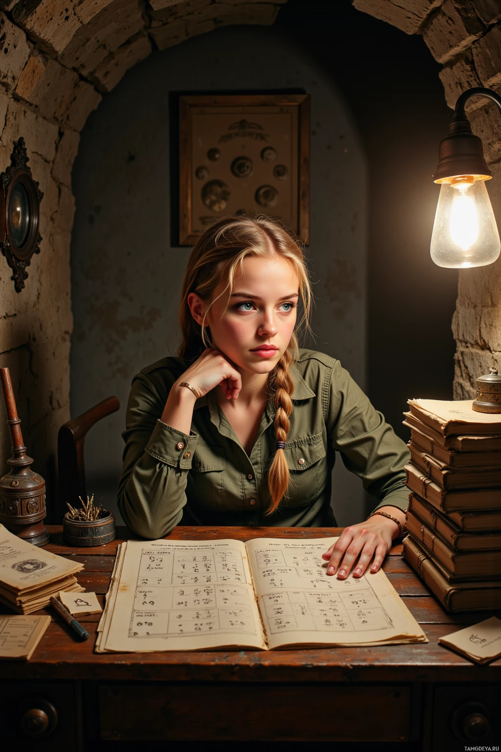 Молодая женщина сидит за столом, окруженная книгами и лампой, задумчиво глядя куда-то вдаль.