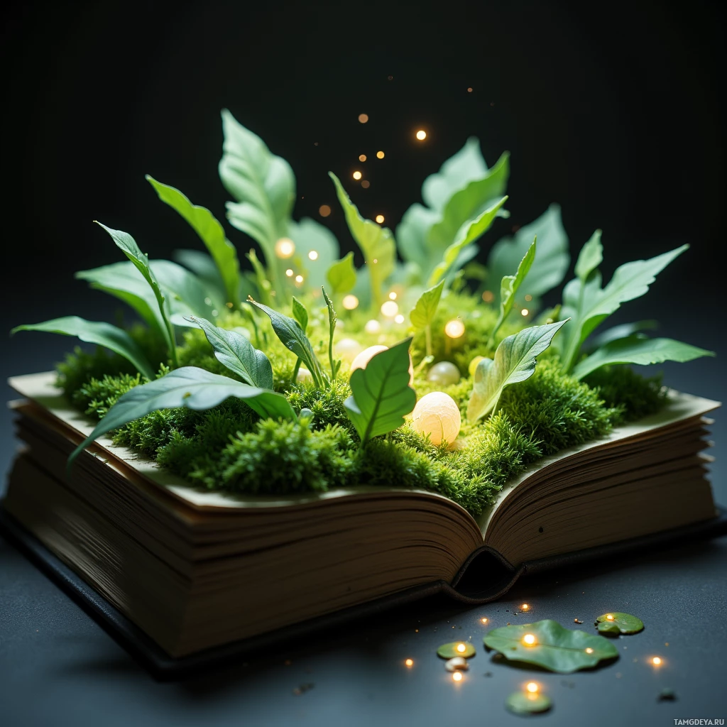 На открытой книге красуются мох и зелень, мягко подсвеченные мерцающими огоньками.