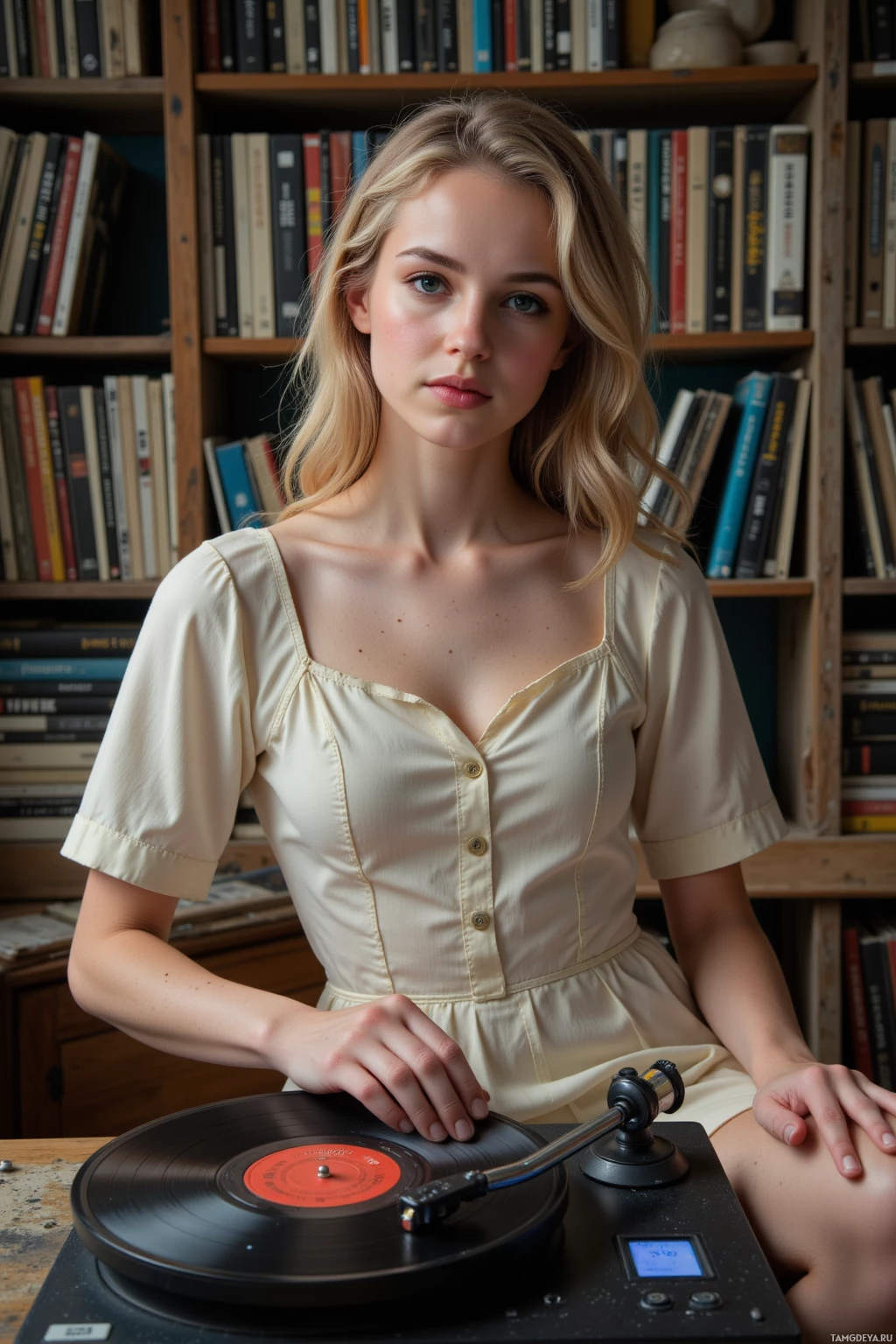Женщина в кремовом платье стоит перед книжным шкафом, держа в руках проигрыватель виниловых пластинок.