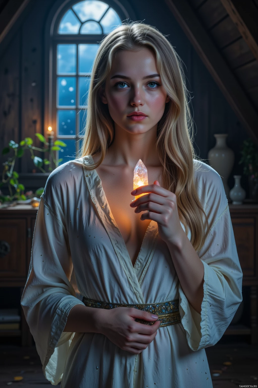 Realistic high quality photo. Female 29 celestial beauty with long blonde hair, shimmering blue eyes, porcelain skin glowing, delicate high cheekbones and small nose, wearing flowing starry robes cinched with a silver belt and tiny gemstones, faint otherworldly aura, standing in a moonlit attic whose cedar floor forms a quiet constellation, holding a forgotten crystal shard as ivy‑grafted window frames the night and wind whistles like distant stars, a contemplative, solitary figure under the night sky.