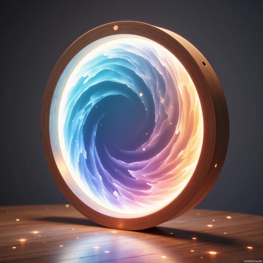 Semi-abstract image with many light, that is suitable for the post:  A curved translucent OLED smart mirror with hand‑polished rosewood edging, projecting subtle 3D gradient overlays, auto‑adjusting color temperature, and a hidden power bank within the frame.
