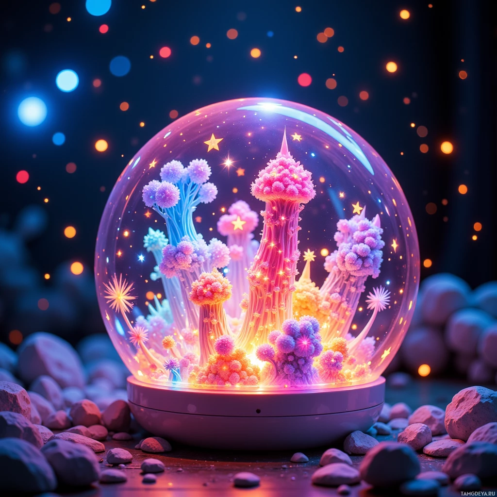 Semi-abstract image with many light, that is suitable for the post:  Seed-sized translucent sphere projector, rimmed with pastel pulsing lights, surface glowing with interactive 3D characters that respond to touch.