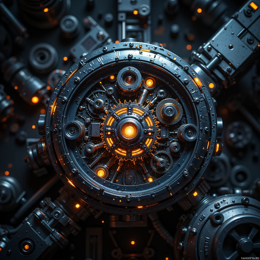 Semi-abstract image with many light, that is suitable for the post:  Titanium‑cased steampunk cipher machine with a matte cold steel finish, featuring an optical fingerprint scanner, a glowing micro‑LED display, exposed modular RISC‑V core array, intricate gear details, and a dark industrial color palette.