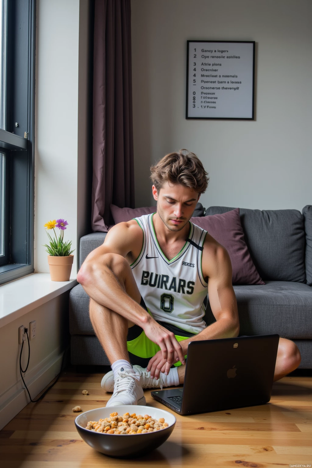Realistic high quality photo. A 24‑year‑old man with short brown hair, blue eyes, light skin, wearing a white sleeveless sports jersey and neon‑accented shorts, sits on a modern apartment floor with a wall lined with numbers and a laminated list of perceived slights, watching game film on a laptop while examining a bowl of cereal, calm and focused.