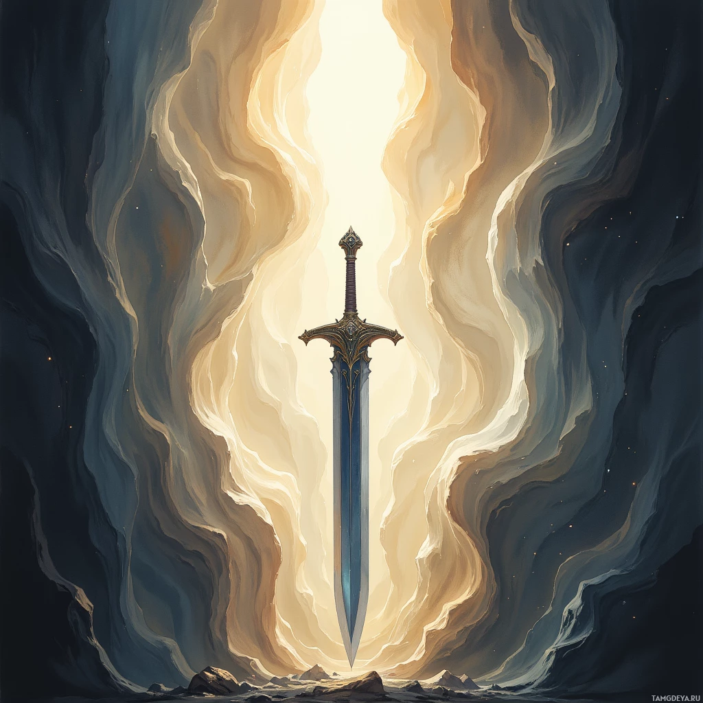 Semi-abstract image with many empty light space at center of beautiful background, that is suitable for the post:  My blade is still, yet its silence carries the echo of unspoken vows.