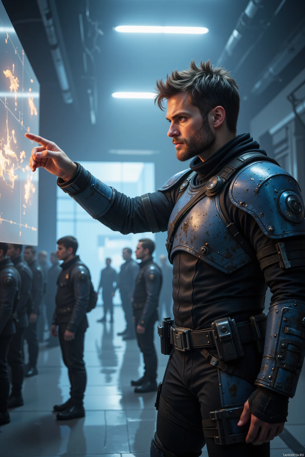 Realistic high quality photo. A 32‑year‑old tactical commander with short messy dark brown hair, blue eyes, a scar on his left cheek, wearing dark worn leather armor with subtle metallic accents, stands on the sidelines of a high‑tech training arena, pointing at a holographic drone swarm display as players listen in a precision‑focused atmosphere.
