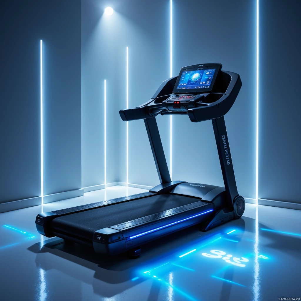 Semi-abstract image with many light, that is suitable for the post:  sleek black treadmill with glossy aluminum chassis, integrated blue LED belt lighting, a floating touch panel projecting speed and distance onto the floor, minimalist futuristic high‑tech design.