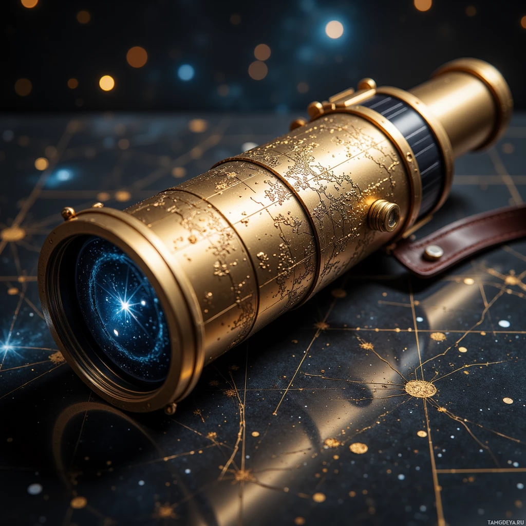 Semi-abstract image with many light, that is suitable for the post:  hand‑forged brass telescope with a polished glass reflector, barrel etched with a Milky Way map, brass dovetail cradle, dark brown leather strap, tiny solar cell hidden in the lens cap, sleek brass finish with subtle tarnish and intricate star‑map detailing.