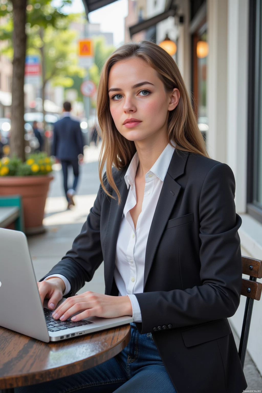Realistic high quality photo. A 28‑year‑old woman with long light brown hair, piercing blue eyes, wearing a tailored blazer over a crisp white blouse and dark jeans, sits at a quiet corner café table with a laptop open, drafting a pitch deck while watching passersby on a modern city street at noon, sunlight streaming through the café windows, focused and determined.