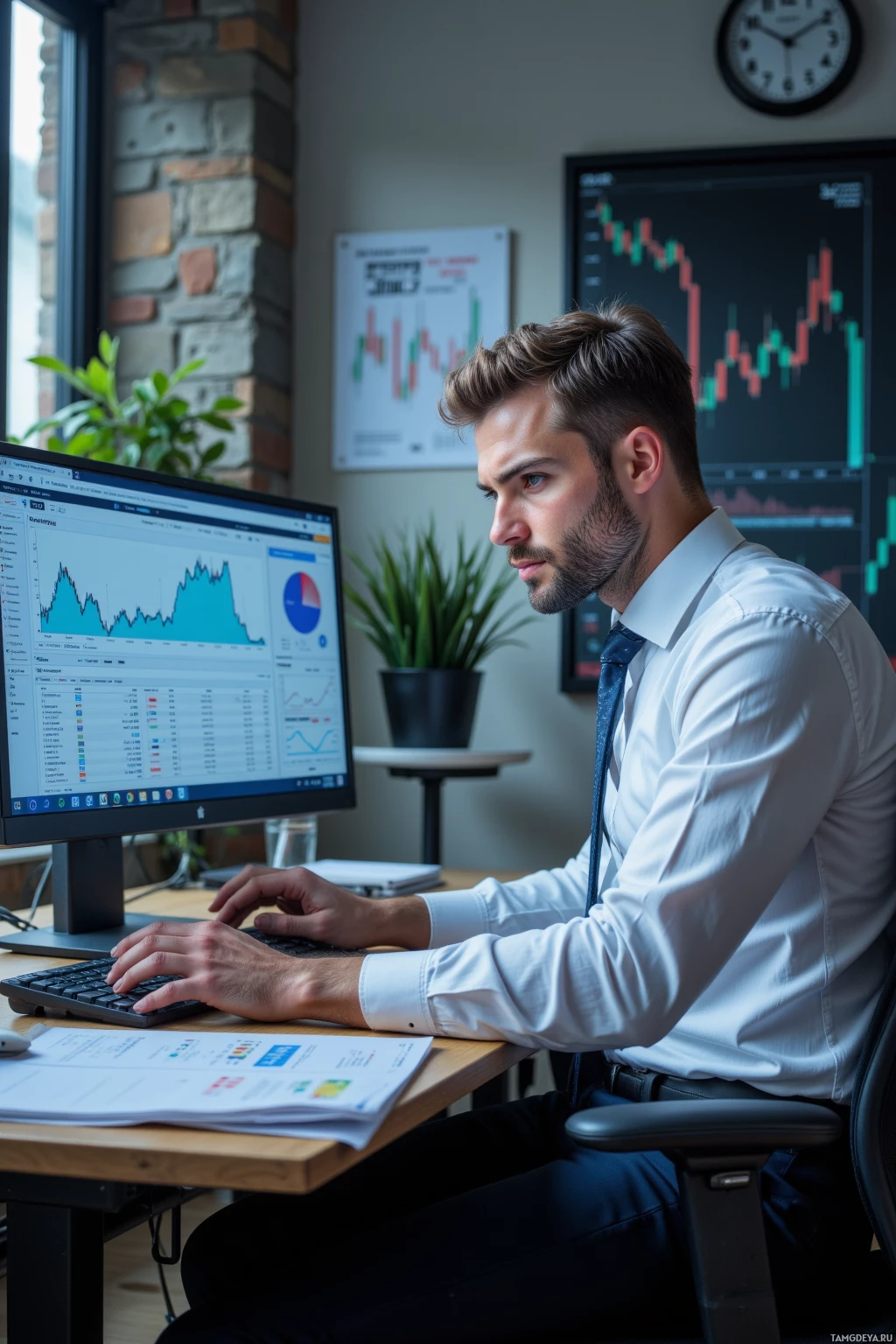 Realistic high quality photo. 36‑year‑old male stock analyst with salt‑and‑pepper short hair and clear blue eyes, crisp white dress shirt, dark tailored trousers, slim tie, sits at a modern office desk intensely studying a computer screen showing a vibrant spreadsheet like a Renaissance fresco, clock displays 14:32, ticker tape scrolls on the wall, colleagues sigh in the background.