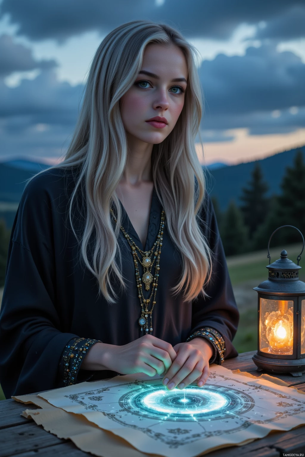 Realistic high quality photo. A serene 28‑year‑old woman with long silver hair, pale glowing skin, soft green eyes, wearing dark flowing robes with intricate mystical jewelry, sits by a flickering lantern at dusk, mapping silver threads of a night sky onto parchment beside a crystal grid, bathed in subtle moonlit glow.