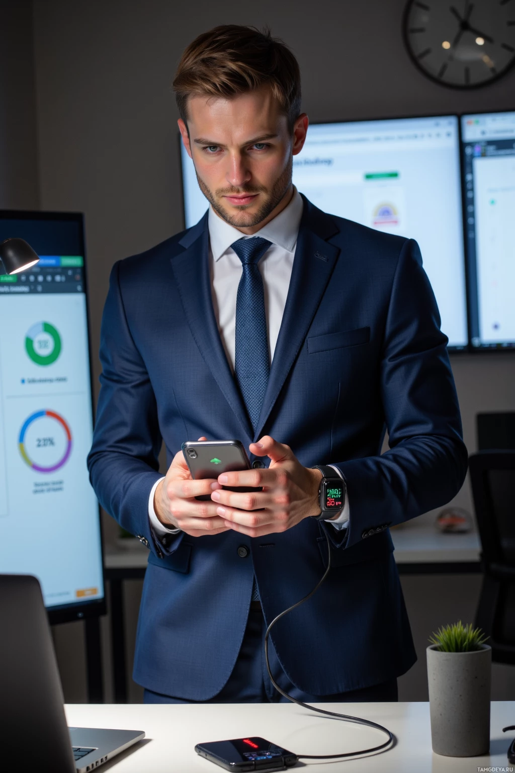 Realistic high quality photo. Male, 29, short light brown hair, blue eyes, wearing a tailored sleek modern suit, stands at a modern office desk at midafternoon, holding a smartphone with a glowing red battery icon, a smartwatch on his wrist displaying a fast heart rate, a charging cable connecting a laptop, several open browser tabs visible on a large monitor, a blinking red progress bar on a second screen, a Wi‑Fi signal icon in the corner, his expression focused with a slight smirk, hands moving rapidly between devices, a sleek desk lamp and a minimalist wall clock in the background.