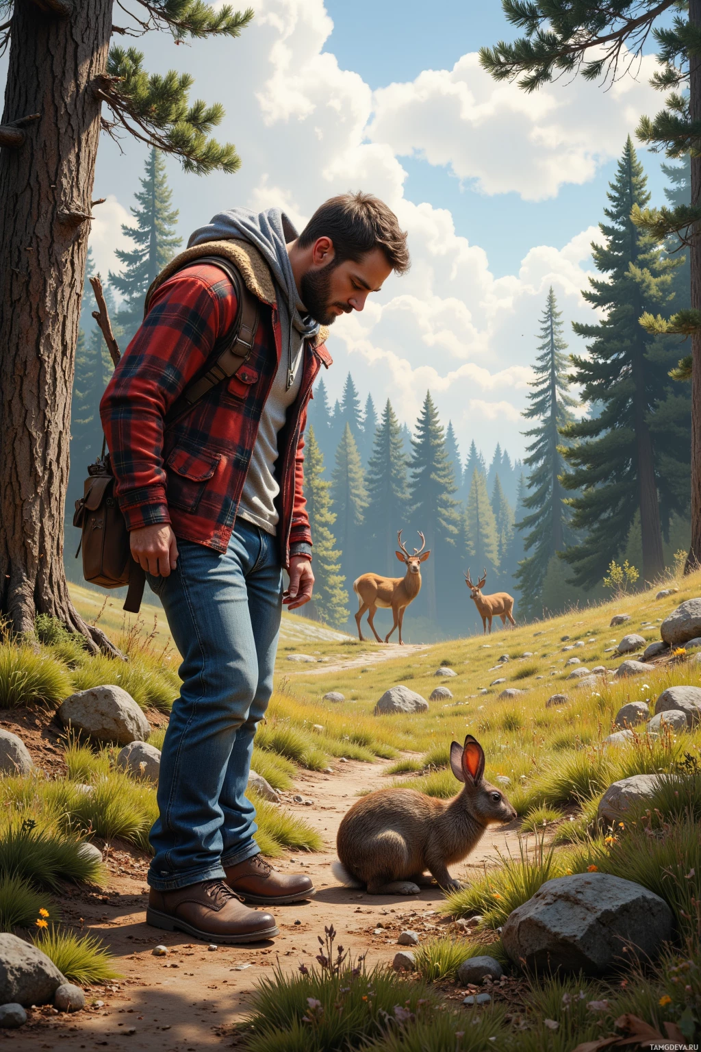 Realistic high quality photo. A muscular 41‑year‑old man with short dark brown hair, blue eyes and rugged sun‑kissed skin in a thick flannel over tee, durable jeans, and sturdy boots stands in an open forest clearing at noon, whispering to a stubborn rabbit near its burrow while a deer watches from the trees and faint crickets chirp around him.