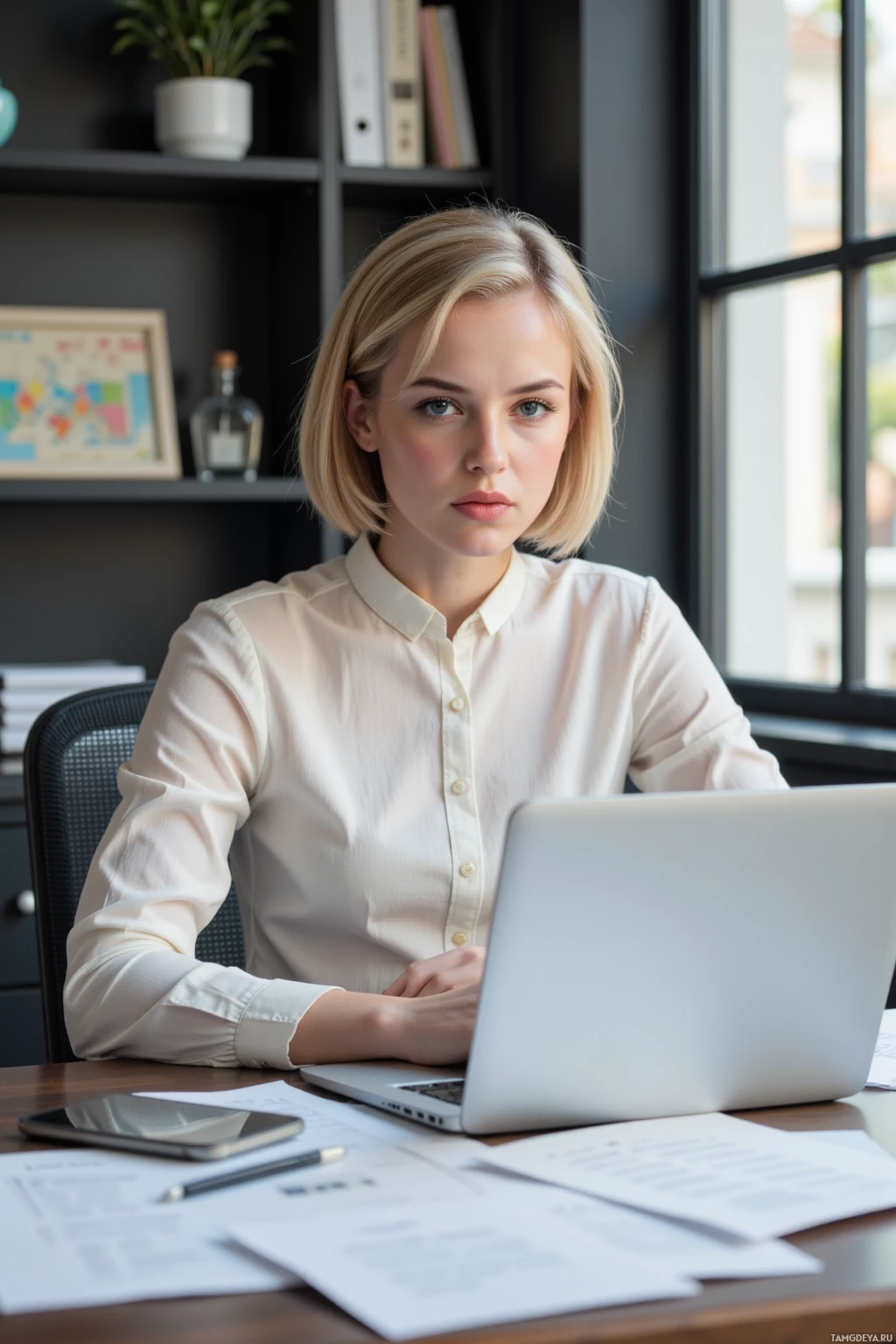 Realistic high quality photo. A 26‑year‑old woman with short blonde hair, bright blue eyes, fair glowing skin, prominent cheekbones and full lips in a high‑necked blouse and fitted skirt sits at her tidy modern office desk mid‑afternoon, hunched over a laptop showing a poorly punctuated email while she frowns with meticulous focus, surrounded by organized papers and a neat bookshelf.