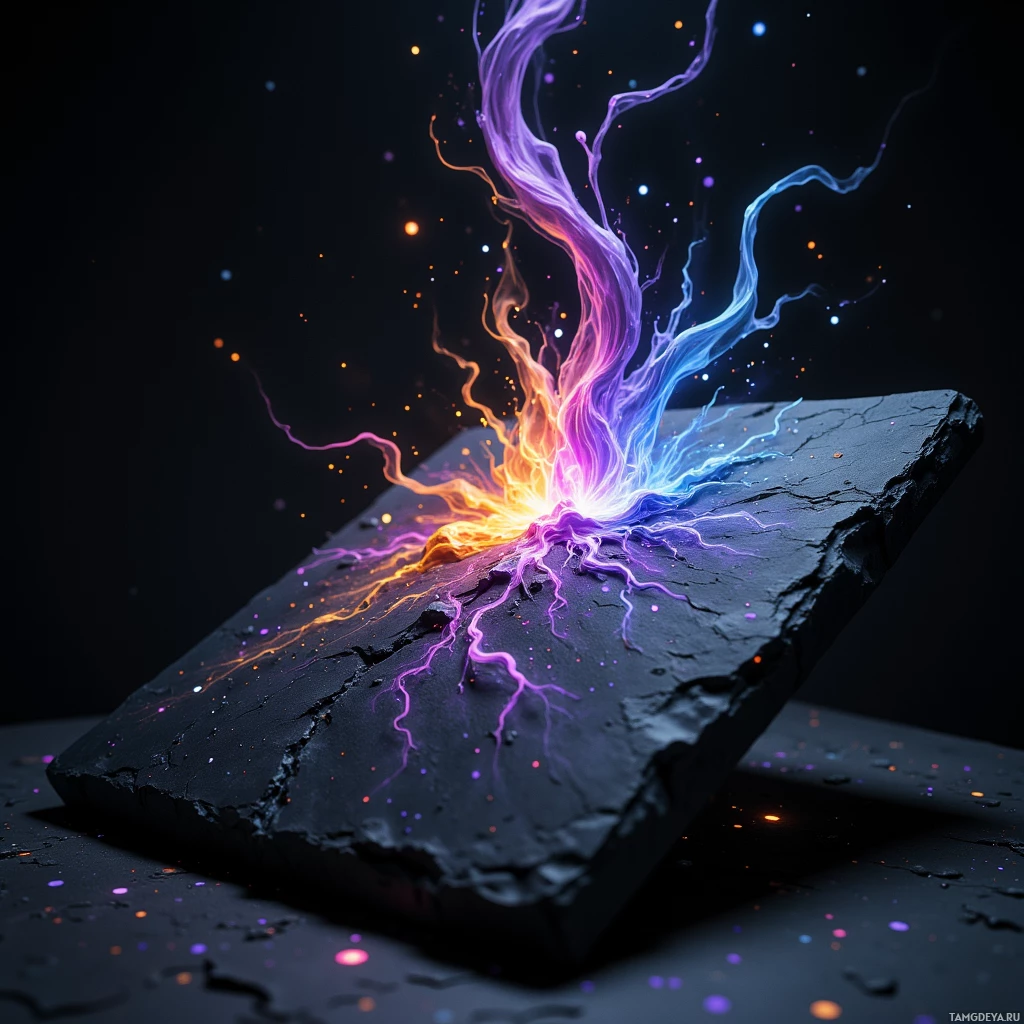 Semi-abstract image with many light, that is suitable for the post:  Matte‑black slate tablet with a smooth unadorned body and faint engraved lines hinting at hidden mechanics, projecting swirling color‑coded patterns across its surface like miniature storms of emotion.