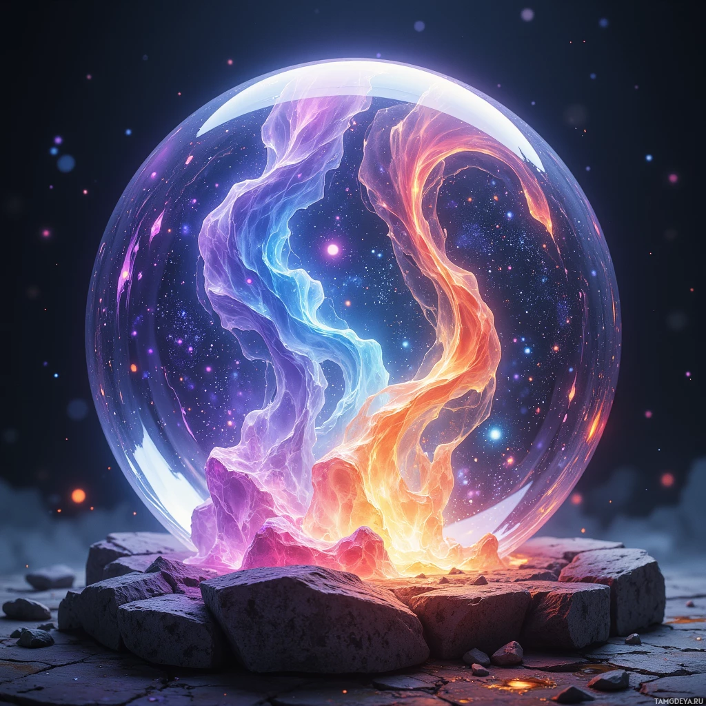 Semi-abstract image with many light, that is suitable for the post:  Translucent crystal sphere with shifting iridescent colors, faint pulsing runic light at its core, subtle humming edges, and delicate rune engravings etched on its surface.
