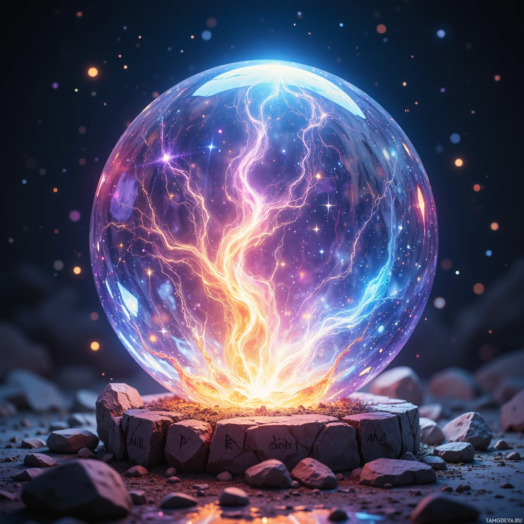 Semi-abstract image with many light, that is suitable for the post:  Translucent crystal sphere with shifting iridescent colors, faint pulsing runic light at its core, subtle humming edges, and delicate rune engravings etched on its surface.