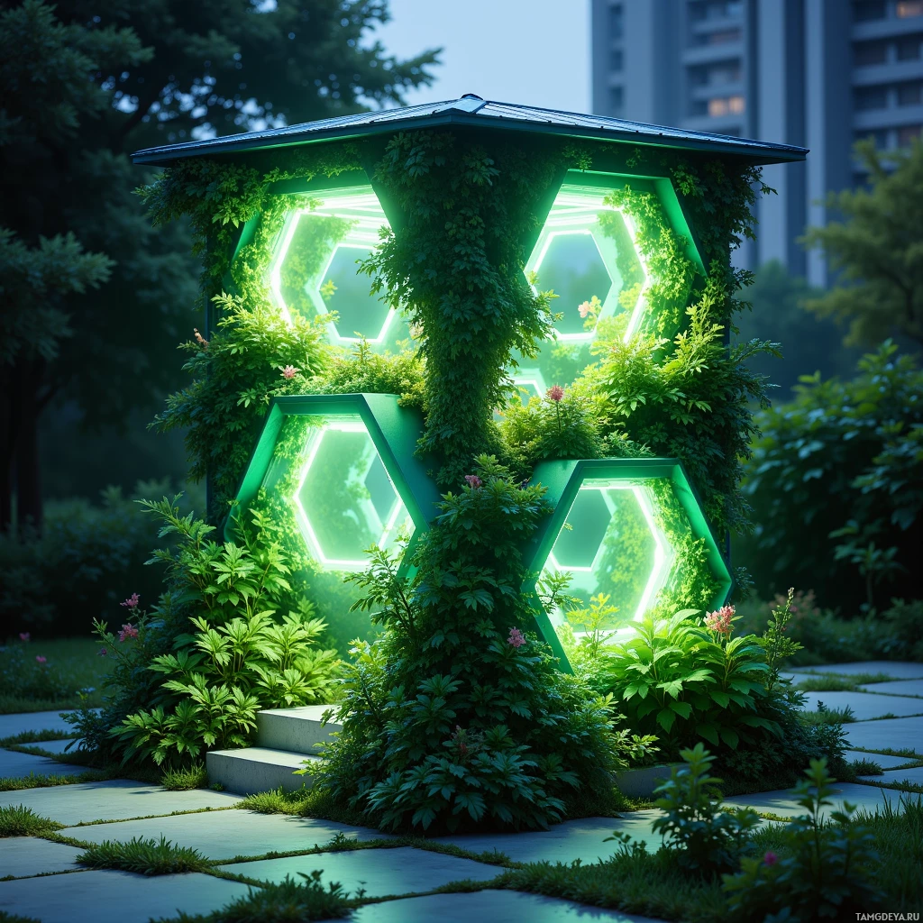 Semi-abstract image with many light, that is suitable for the post:  Sleek hexagonal modular vertical garden kit made from recycled plastic, translucent panels glowing green at night, a tiny speaker, solar panel on the roof, and a small integrated AI sensor.