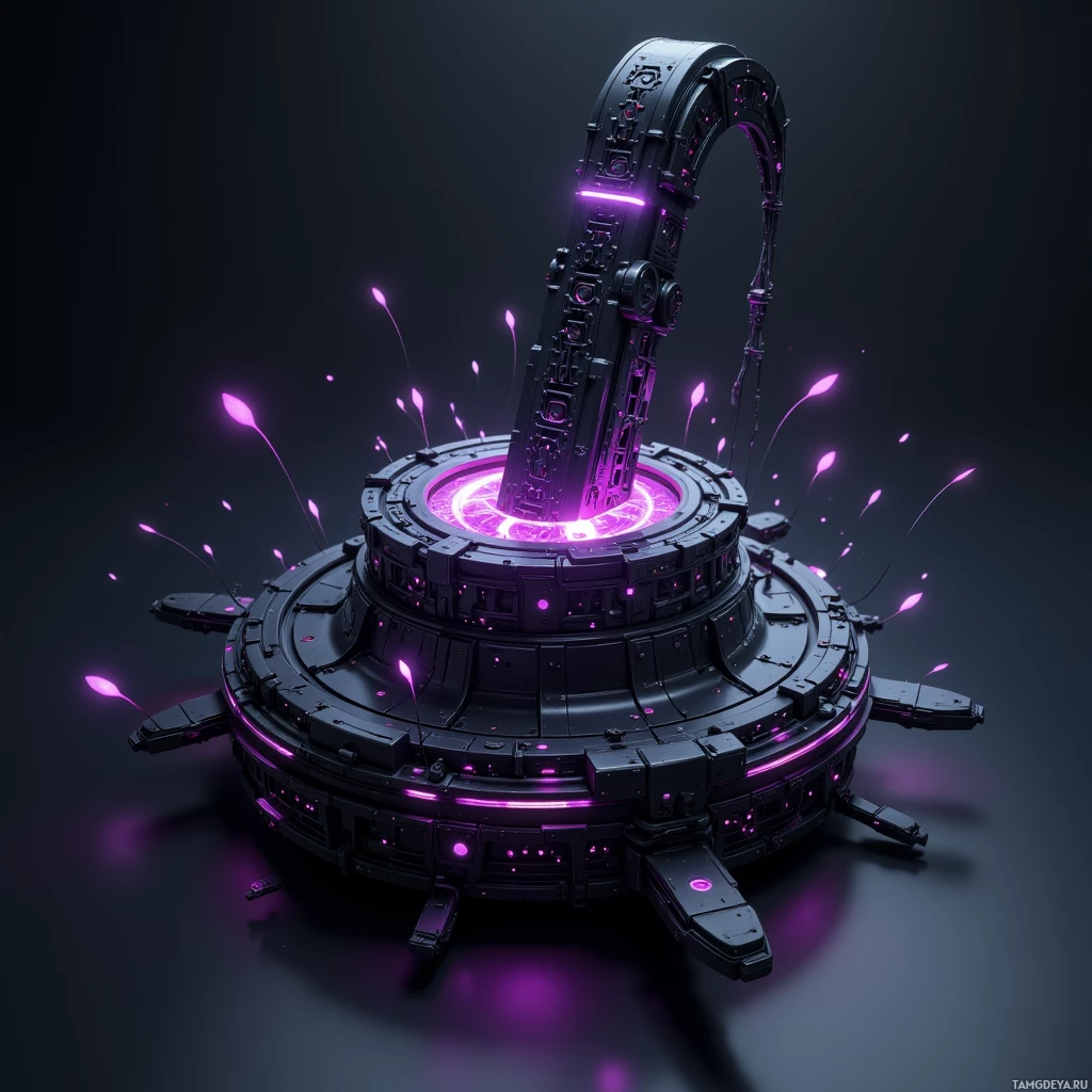 Semi-abstract image with many light, that is suitable for the post:  Matte black alloy docking anchor with a flexible honeycomb lattice chassis, visible tunable magnetic lattice coils, a faint violet core pulsing light, and integrated nano‑sensor array in a sleek modular design.