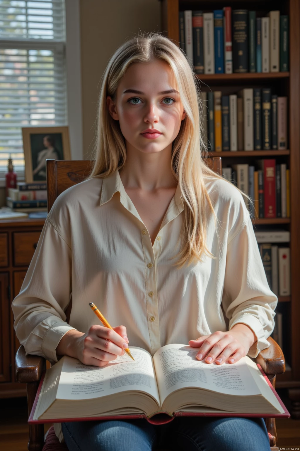 Realistic high quality photo. woman 27 with long straight blonde hair, green eyes, fair skin, delicate features, wearing a simple blouse and jeans, seated at a wooden desk in her apartment with blinds filtering gentle morning light, turning the page of a handwritten manuscript amid stacks of books, a quiet and solitary atmosphere.
