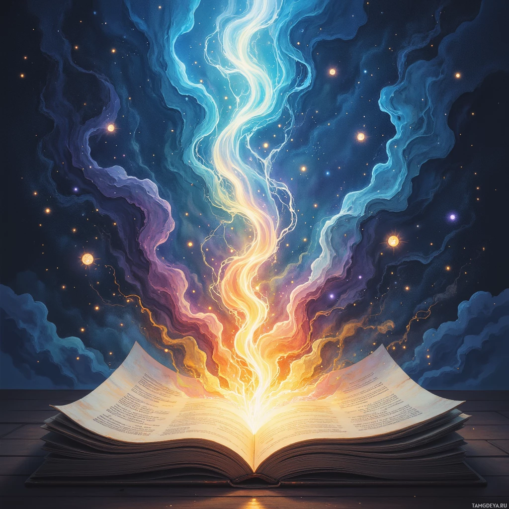 Раскрытая книга излучает яркую, красочную энергию в ночное небо.