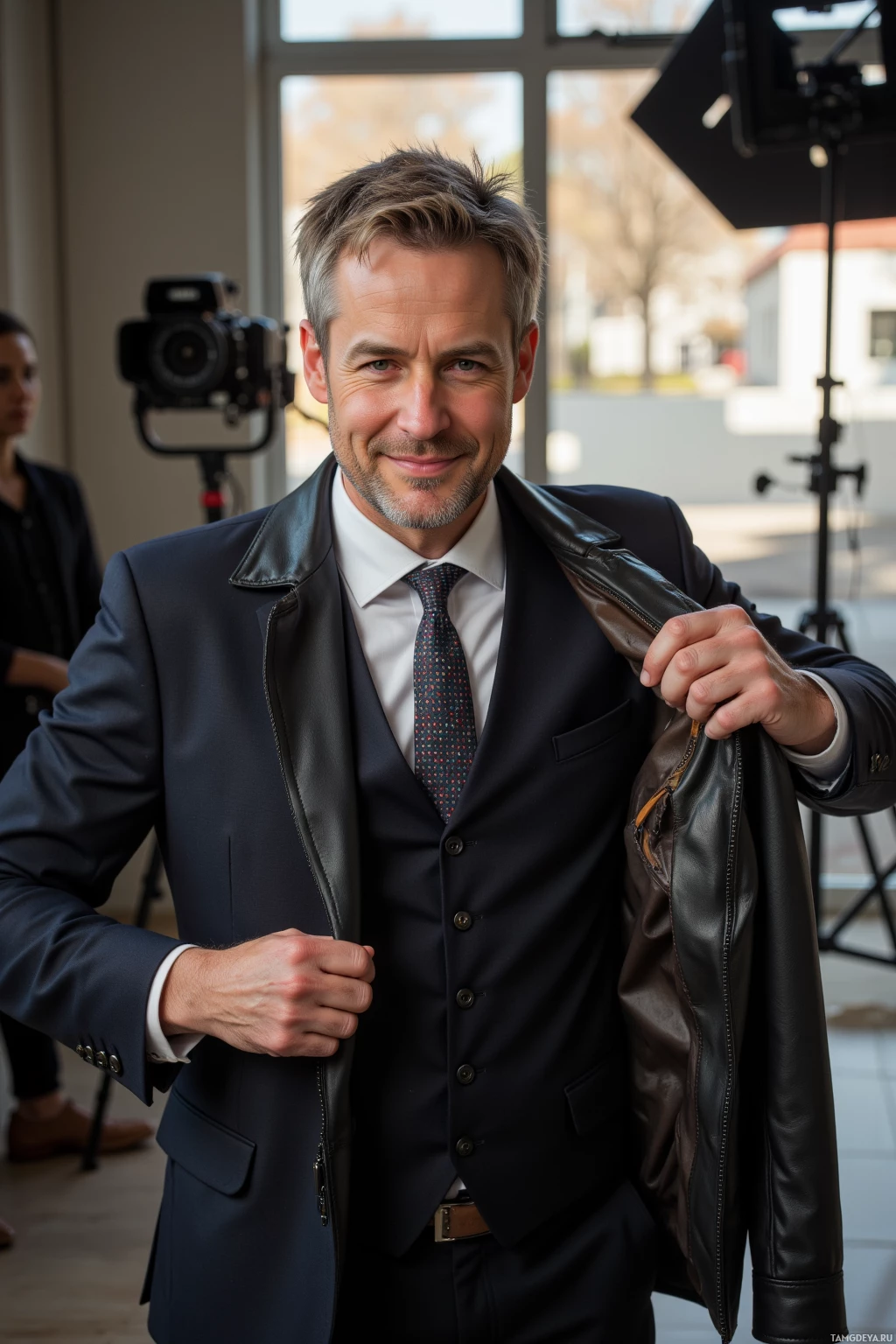 Realistic high quality photo. A 38‑year‑old man with light brown graying hair and blue eyes, wearing a sharp dark suit and tie, smiles as he carefully aligns a cracked leather jacket among neatly arranged props in a bright morning film studio, while distant chatter about spontaneity echoes from outside.
