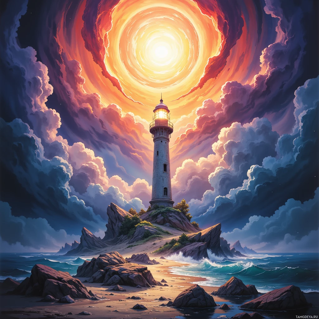 Semi-abstract image with many empty light space at center of beautiful background, that is suitable for the post:  Every semicolon is a tiny lighthouse guiding rogue loops through stormy recursion.