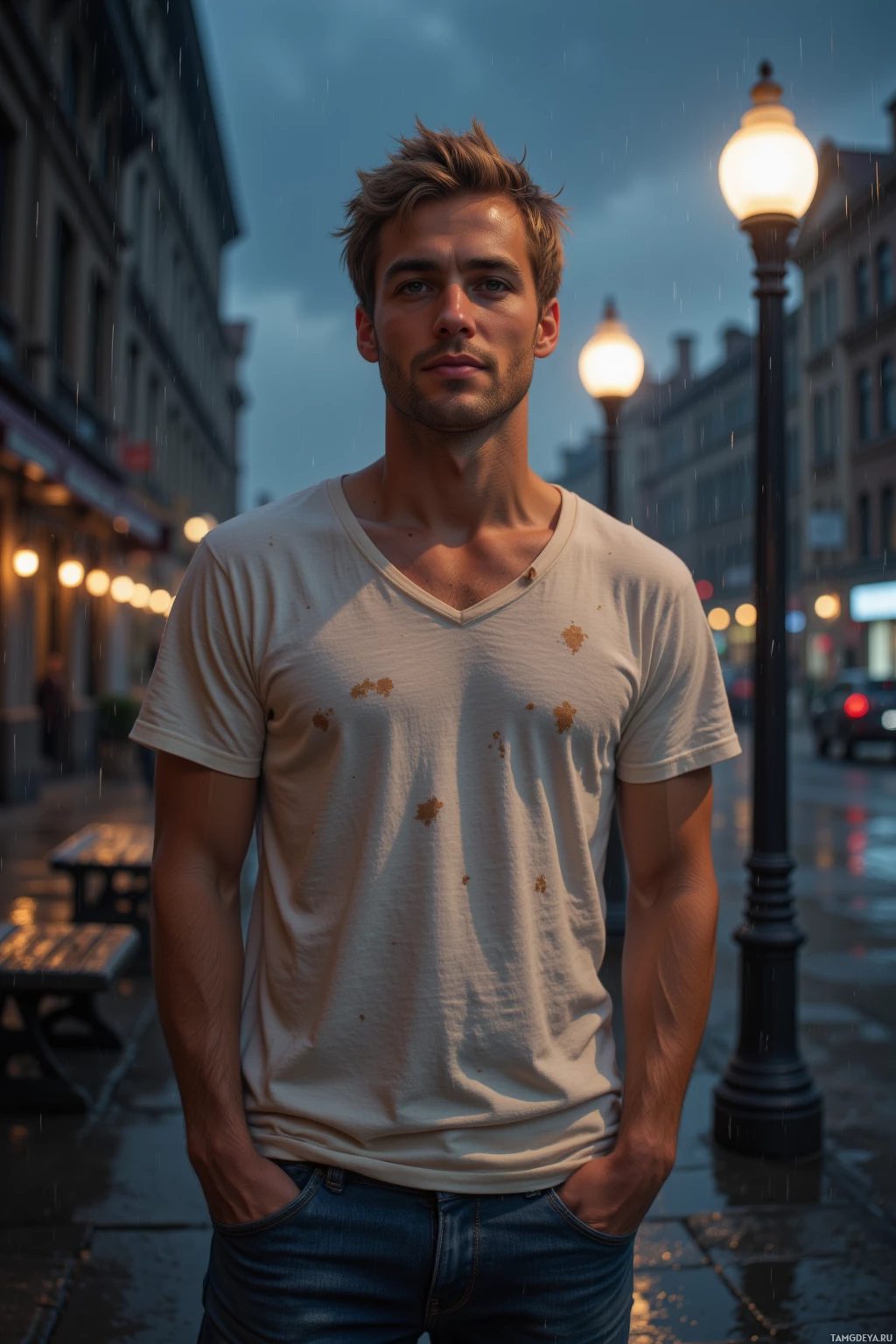 Realistic high quality photo. Male, 32, messy blonde hair, calm blue eyes, angular face with high cheekbones and strong jawline, wearing faded white T‑shirt and worn jeans, standing on a rain‑soaked city street at dusk beside a quiet bench under flickering streetlight, smiling aloofly while watching light reflect on wet pavement.