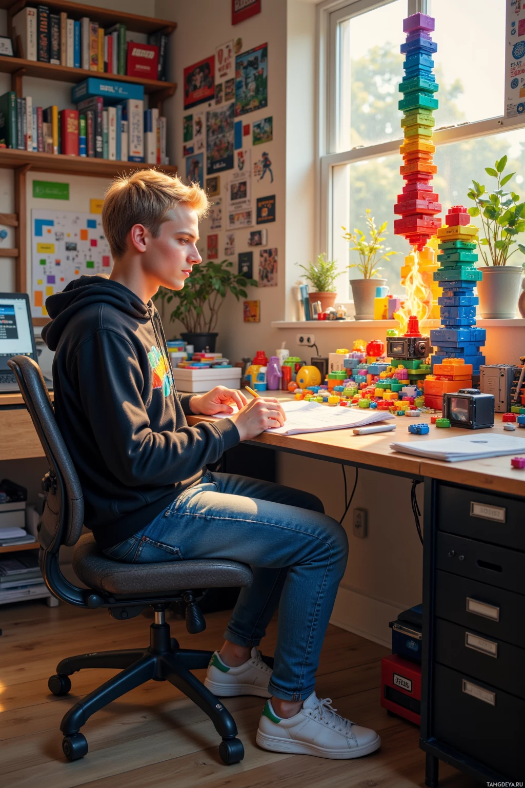 Realistic high quality photo. A young man with short blonde hair and bright blue eyes in a black hoodie featuring Lego bricks, jeans, and white sneakers works at his cluttered studio desk filled with exploded rainbow‑colored 3D printed parts, a towering stack of components, and an unfinished rail system, while a blueprint is set aflame beside a glowing code console under warm late afternoon light.