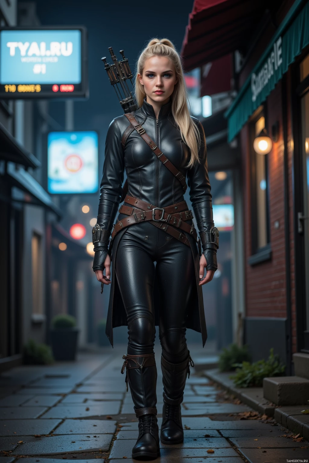 Realistic high quality photo. Female 29-year-old hunter with long blonde ponytail tied back, piercing blue eyes, pale skin, wearing dark leather stealth armor and rugged boots, crossbow slung over her back, walking alone in a dim nighttime city alley under flickering glowing billboards and shadowy corners.