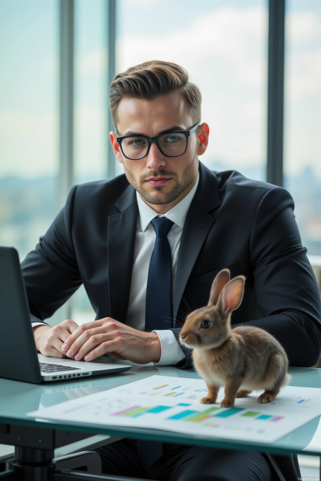 Realistic high quality photo. Male, 39, neatly slicked-back dark brown hair, piercing green eyes behind sleek glasses, strong jawline, wearing a tailored black suit with crisp white shirt and minimalist tie, sitting at a glass conference table in a modern boardroom with laptop open showing market charts, observing a small rabbit quietly move across the tabletop as early afternoon light streams through floor-to-ceiling windows.