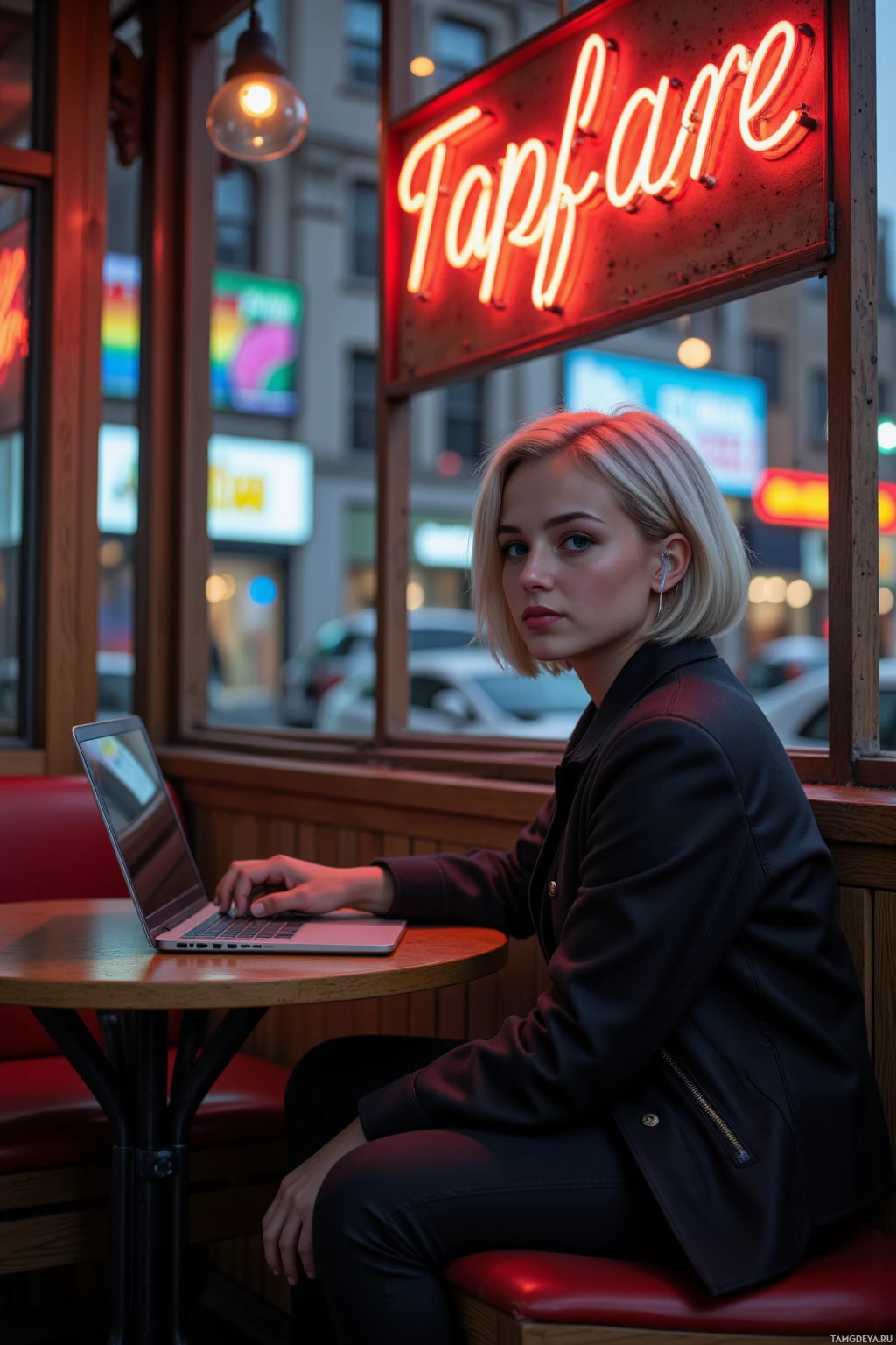 Realistic high quality photo. A 25‑year‑old woman with short silver hair, sharp blue eyes, wearing a minimalist black jacket and sleek earphones, sits alone at a small café table late at night, laptop open, her face illuminated by the glow of a bright neon sign while the city hum surrounds her.