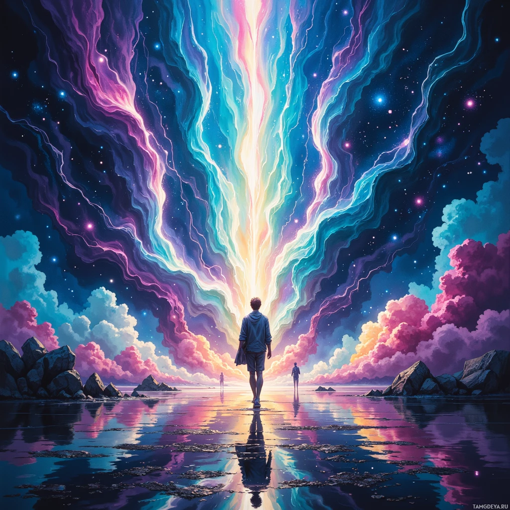 Semi-abstract image with many empty light space at center of beautiful background, that is suitable for the post:  Like a paint‑splashed comet, I blaze bright enough to frighten my own reflection.